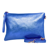 Marci Metallic Blue Large Leather Wristlet Clutch Shoulder Bag